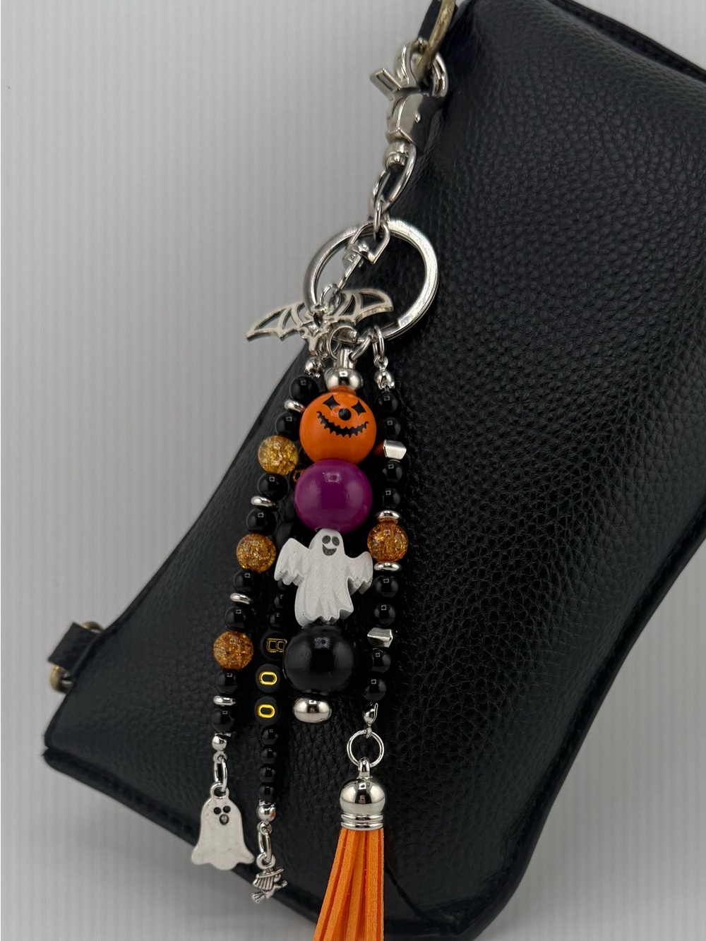 Halloween Beaded Tassel Keychain Charm - Black Orange Purple